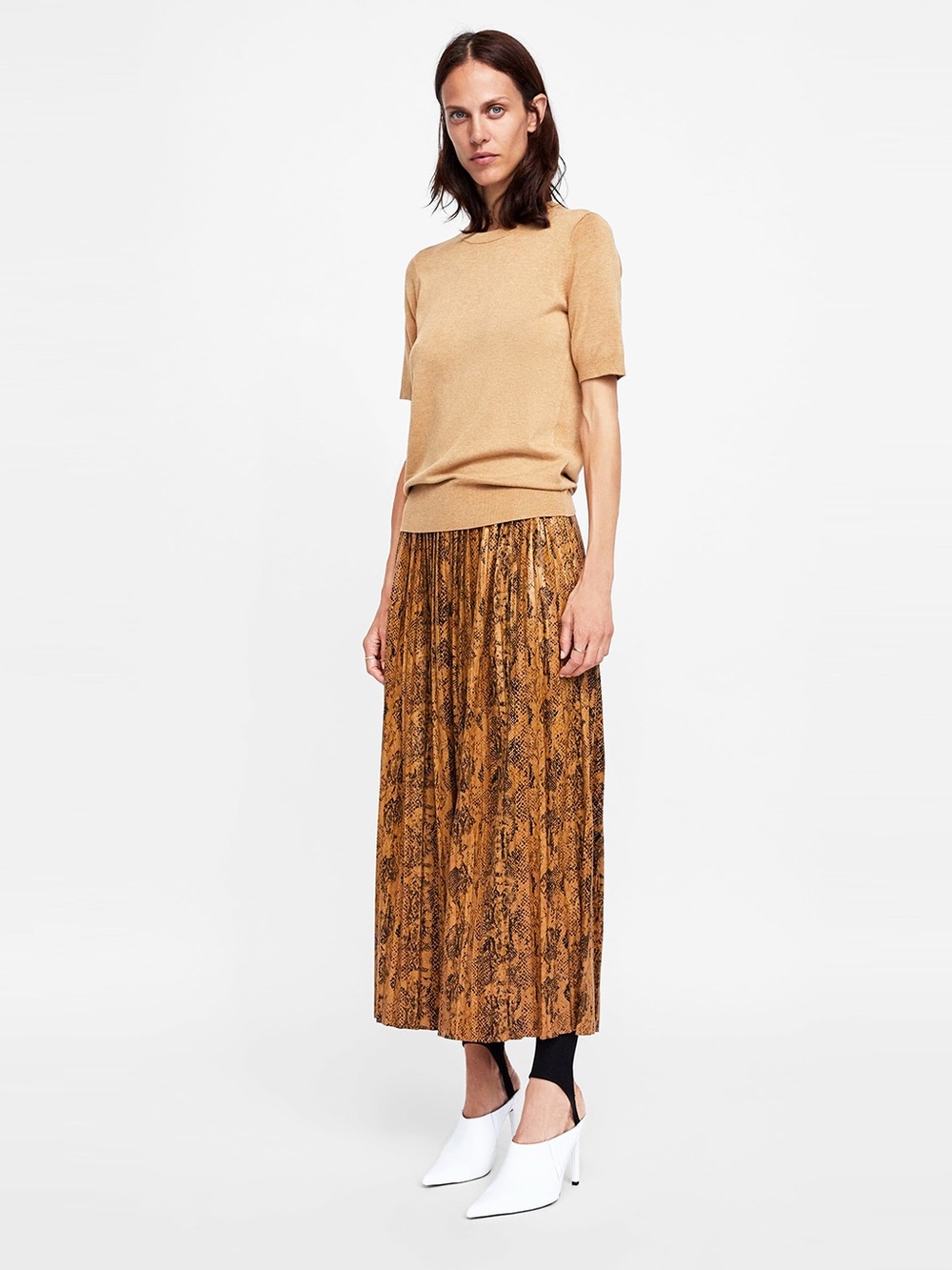Zara Tan Snake-Print Pleated Maxi Skirt